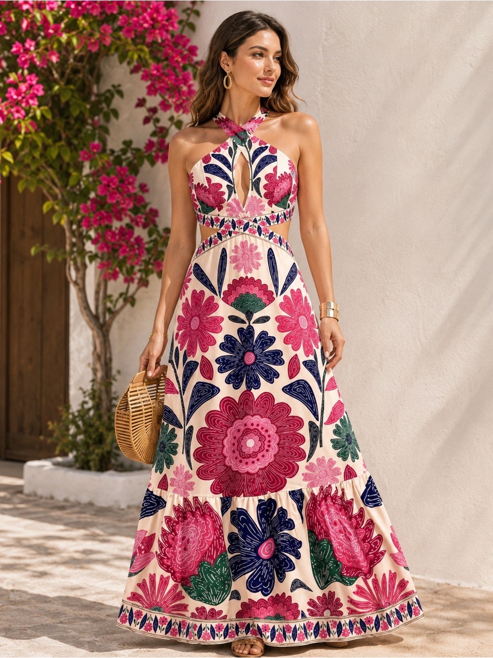 NEW - Boho Floral Halter Maxi Dress Pink Resort Vacation Gown